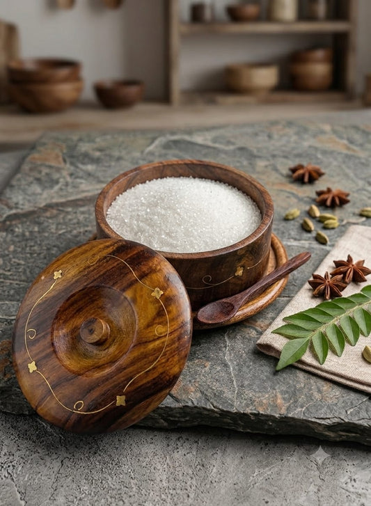 Premium Wooden Sugar/salt pot for your ldining room with wooden spoon traditional decor item