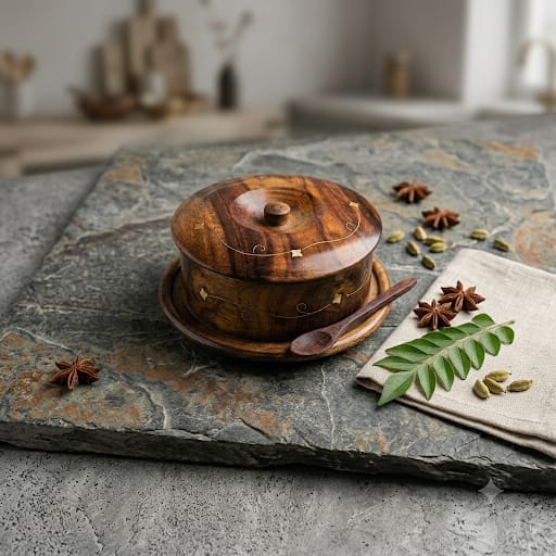 Premium Wooden Sugar/salt pot for your ldining room with wooden spoon traditional decor item
